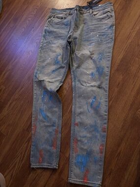 SERENEDE Men’s Distressed Paint-Splatter Jeans